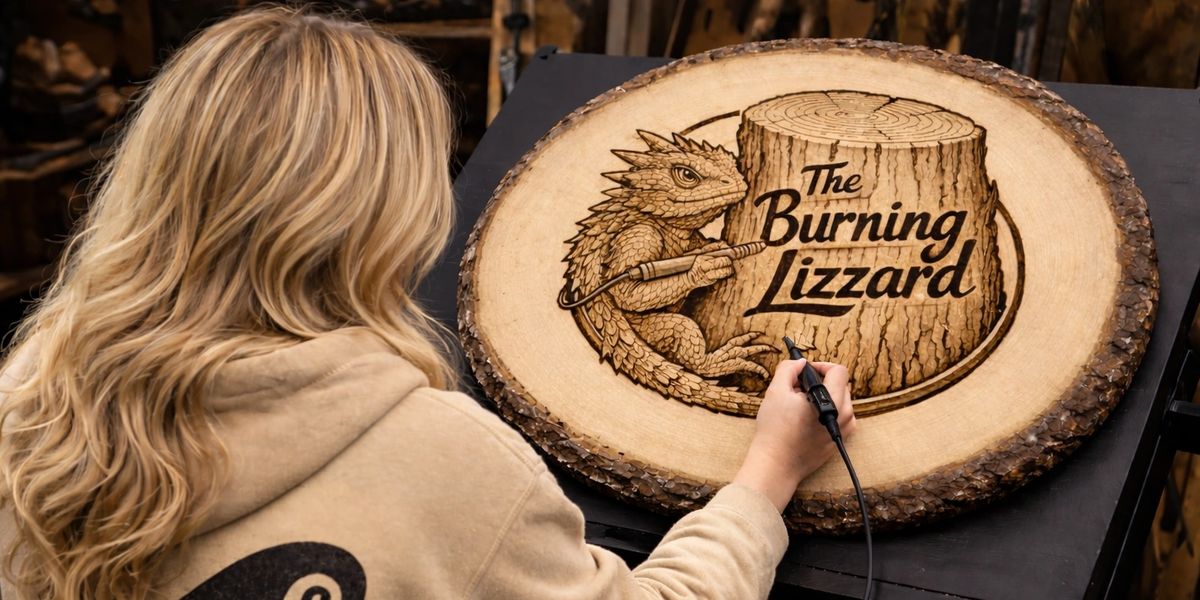 Artist engraves a detailed lizard and logo on a wood slice.